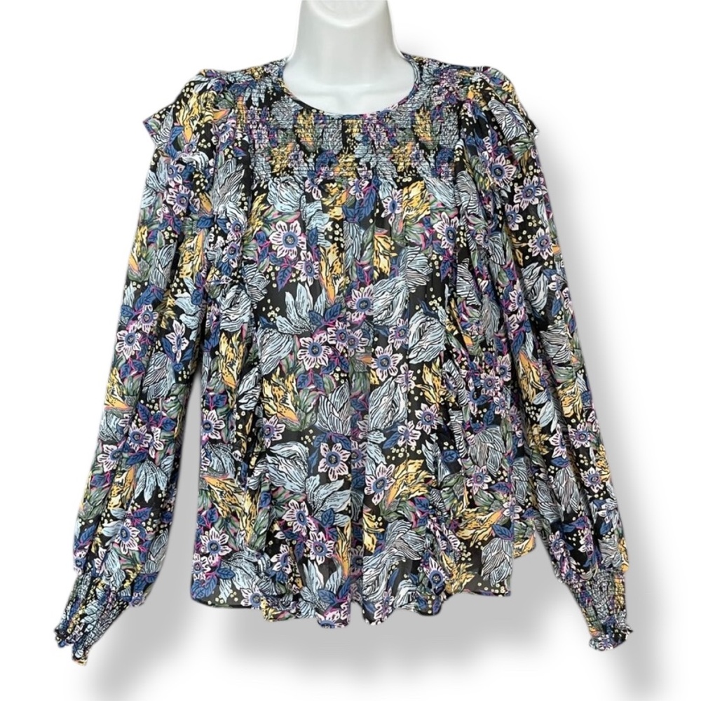 Floral Blouse Sheer Long Sleeve FLAWED‎ Shirred Smocked Ruffles Blue Long Sleeve